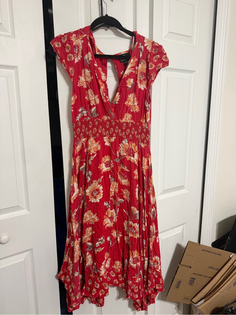 Angie Red Floral Asymmetrical V-Neck Dress